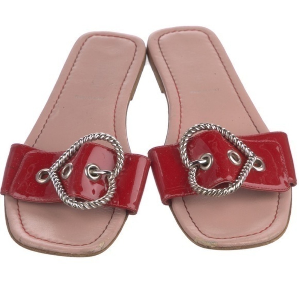 Miu Miu by Prada Red Patent Leather Slides Silver Heart Buckle Flat Sandal Shoes